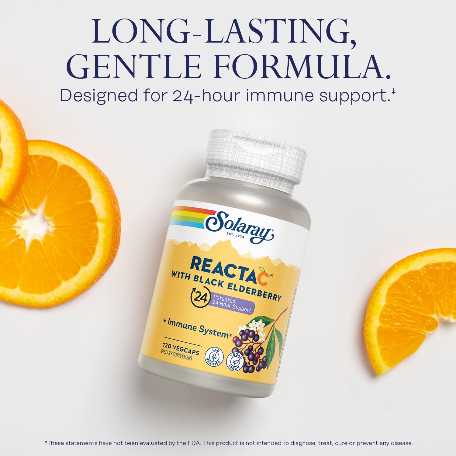 SOLARAY Reacta-C Elderberry label close-up with vitamin C complex.
