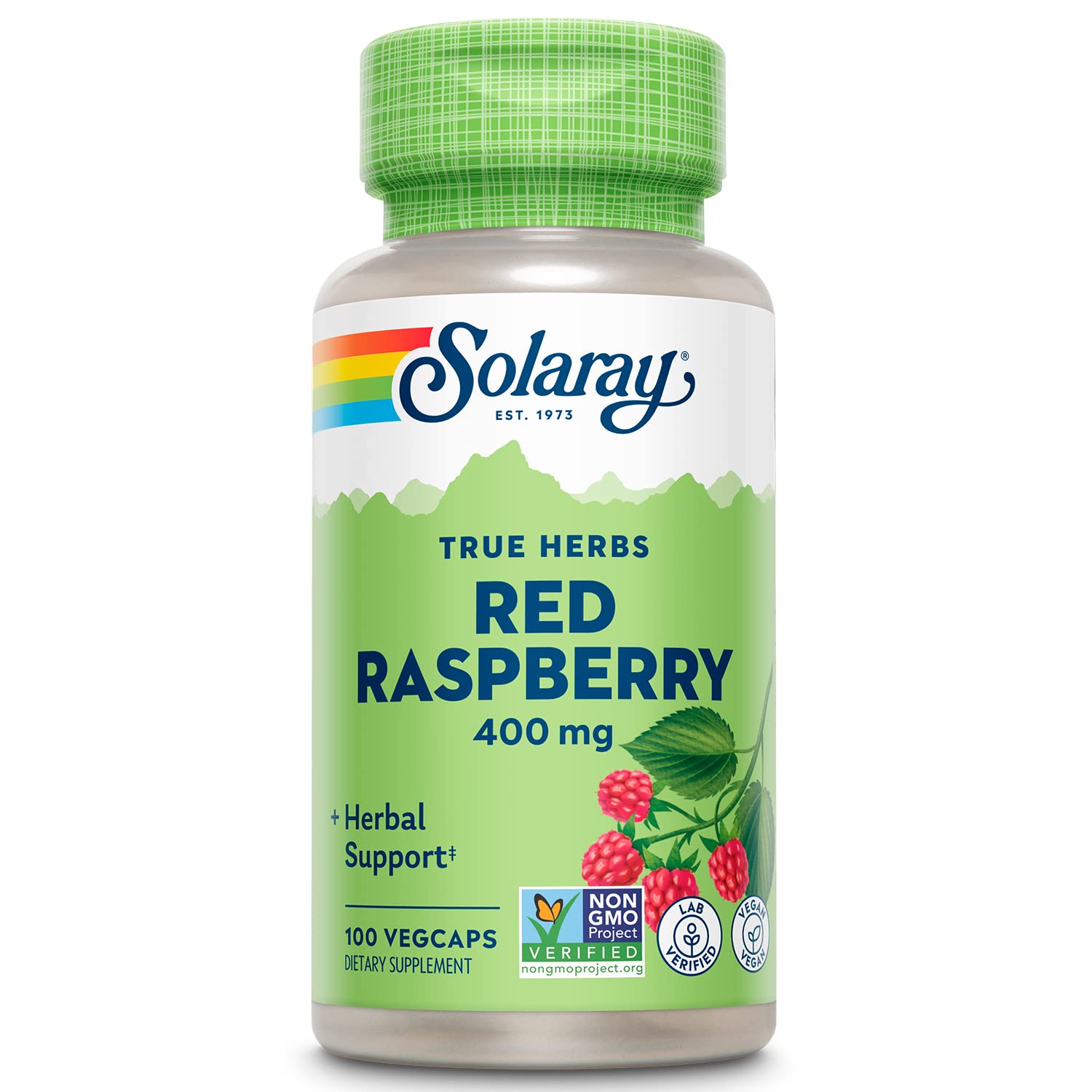 SOLARAY Red Raspberry Leaves capsules bottle for potential support during pregnancy.