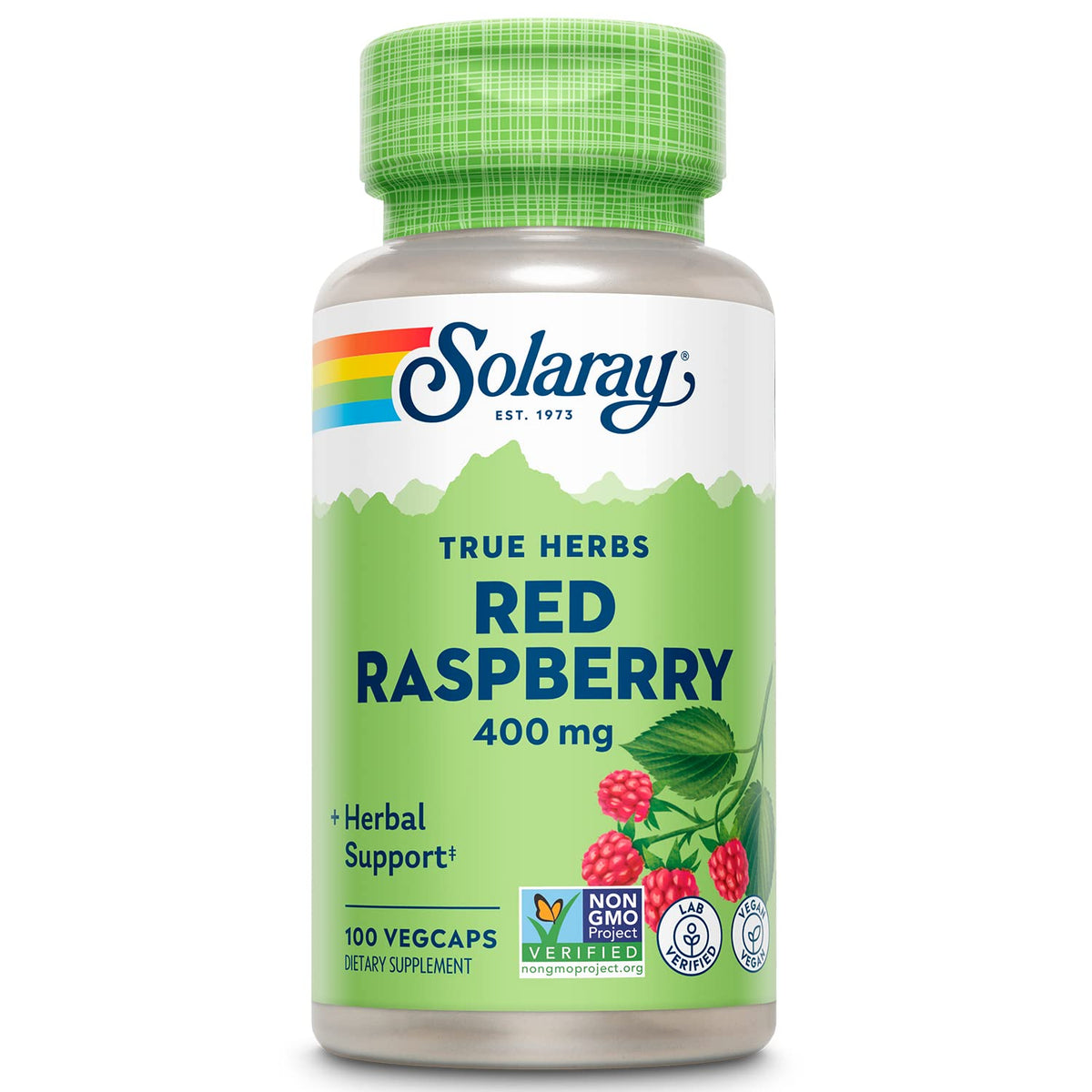 SOLARAY Red Raspberry Leaves capsules bottle for potential support during pregnancy.