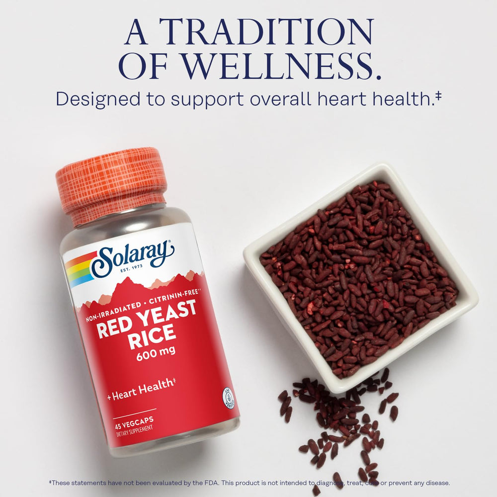 SOLARAY 600mg red yeast rice label highlights quality and purity.