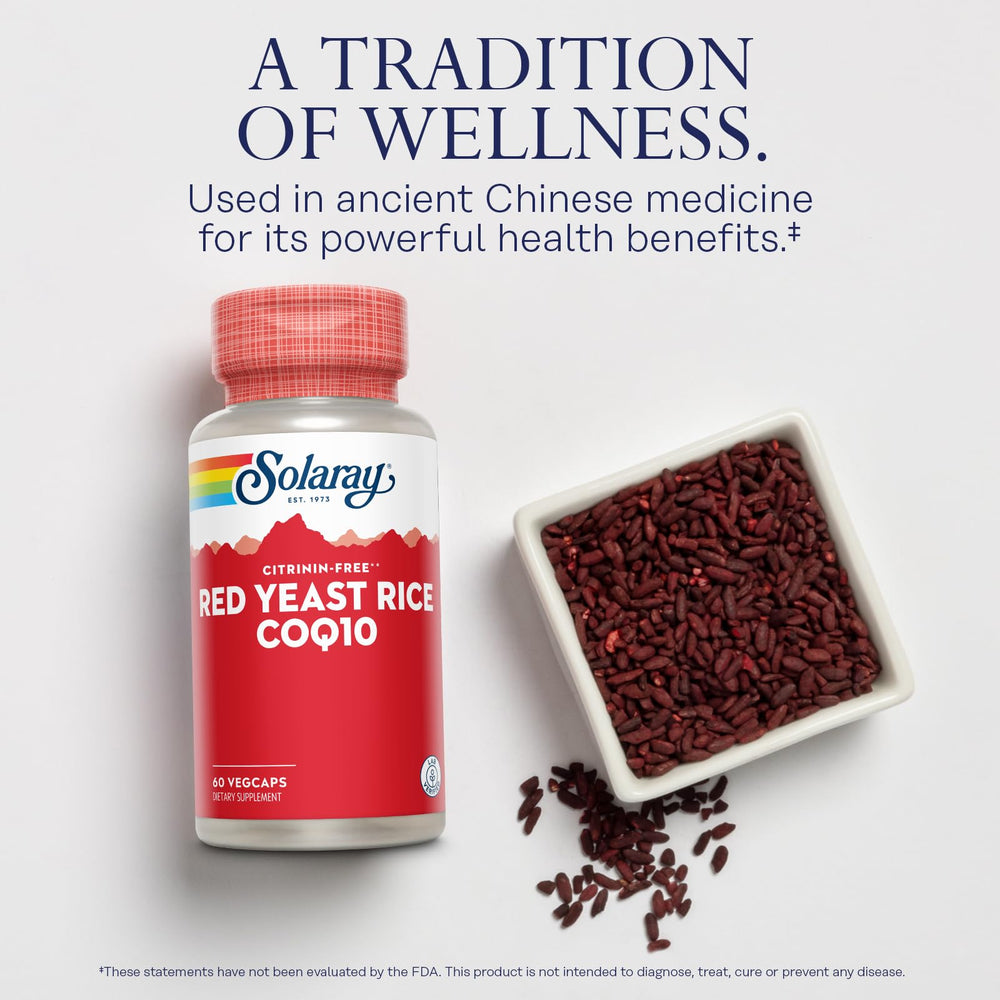 SOLARAY Red Yeast Rice capsules in hand illustrating easy daily use.