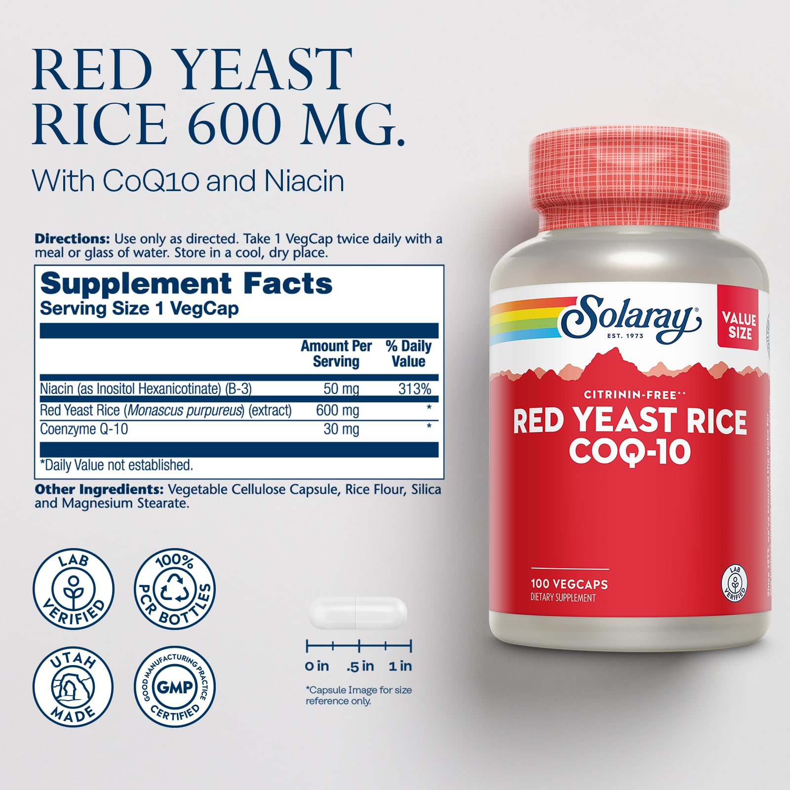 SOLARAY capsules of Red Yeast Rice with CoQ10 arranged for easy dosing.