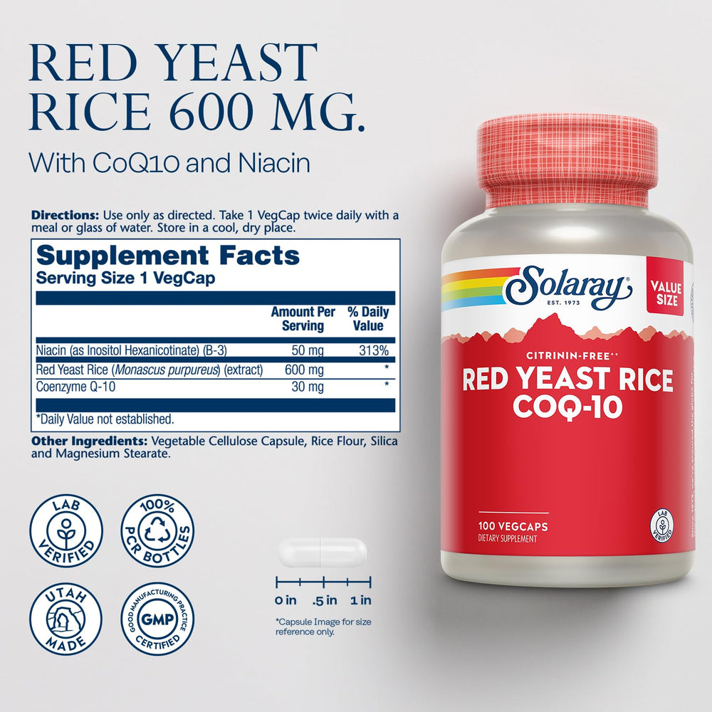 SOLARAY capsules of Red Yeast Rice with CoQ10 arranged for easy dosing.
