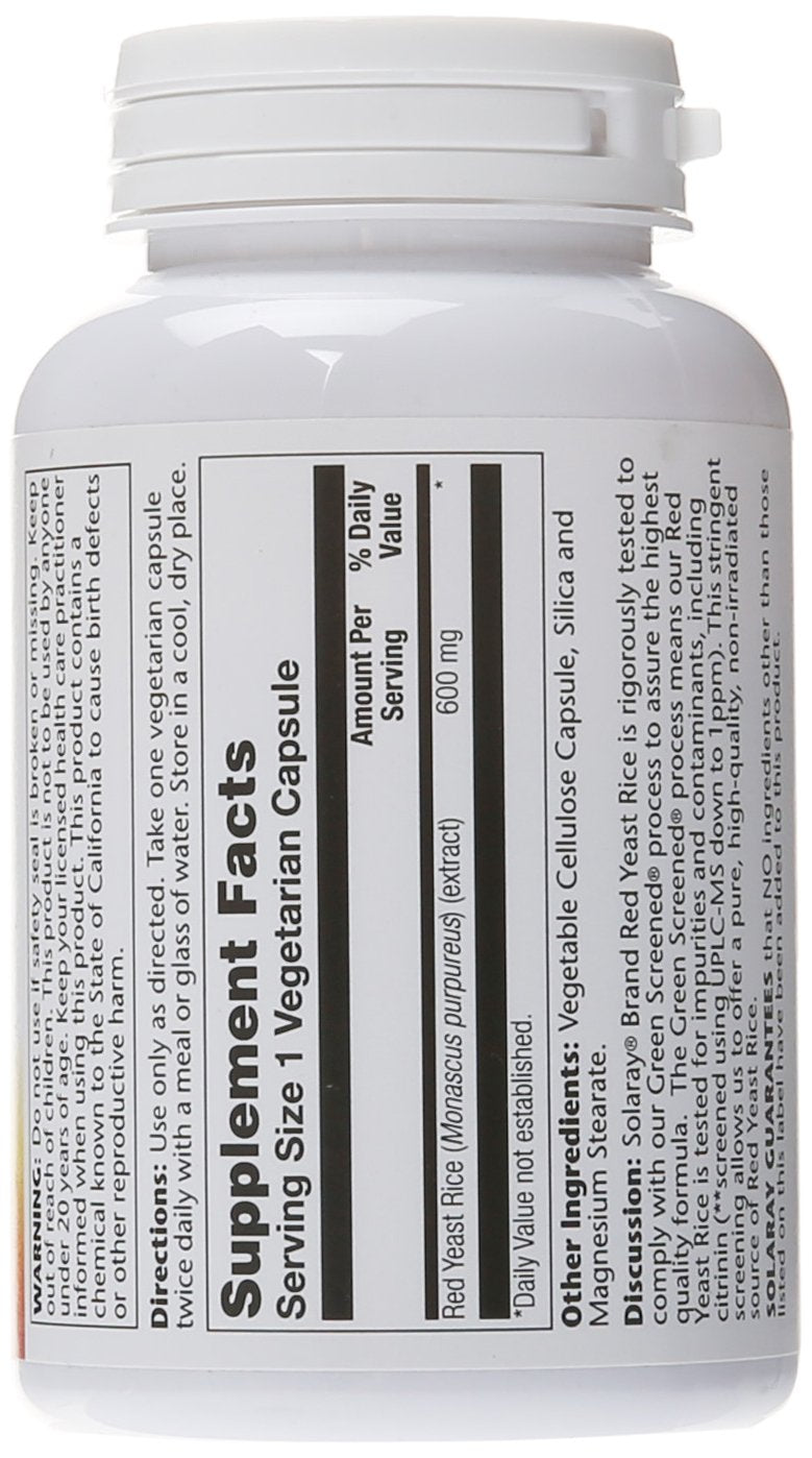 Solaray Red Yeast Rice label shows dosage and ingredients