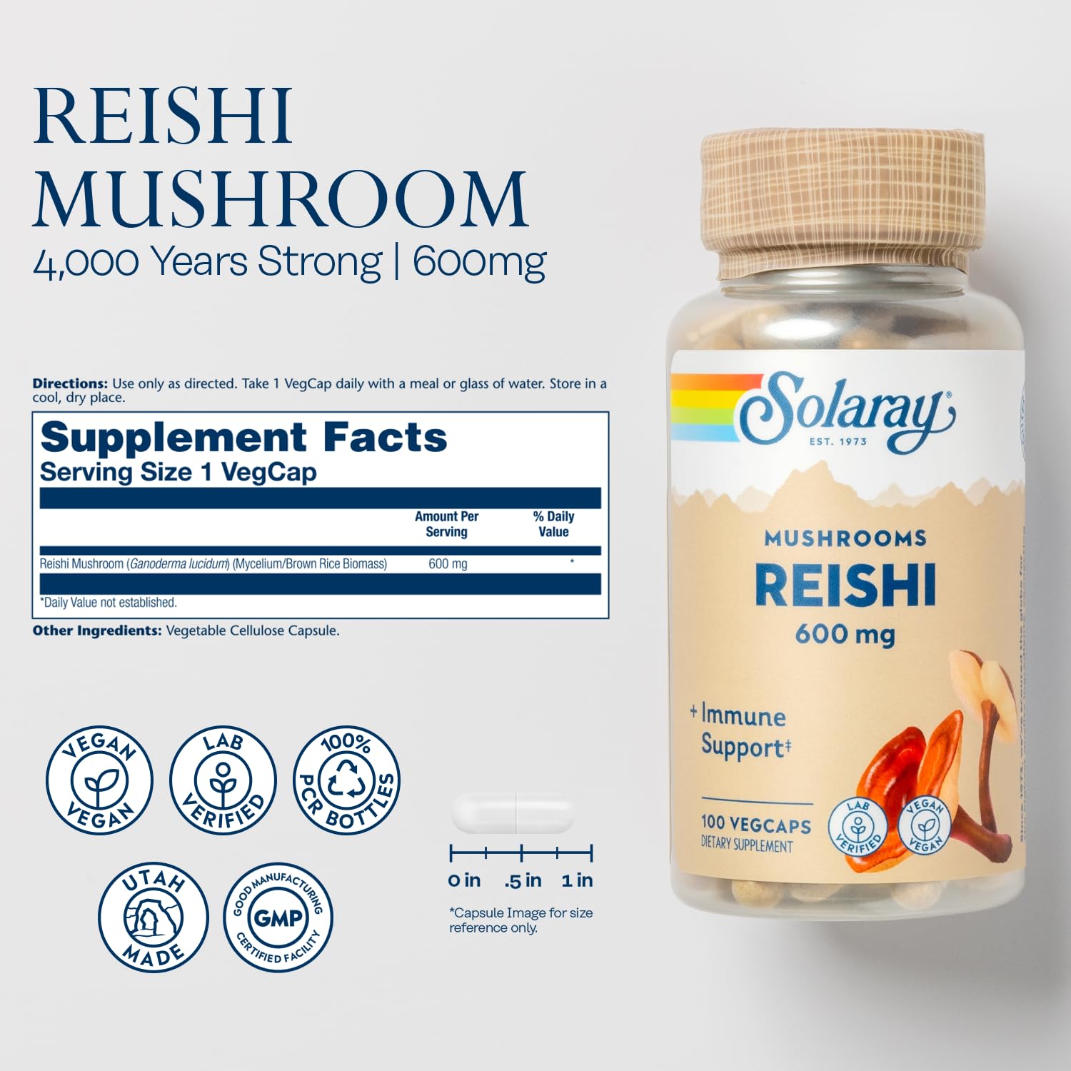 Solaray Reishi capsules close-up highlighting vegan formula and vitality