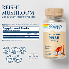 Solaray Reishi capsules close-up highlighting vegan formula and vitality