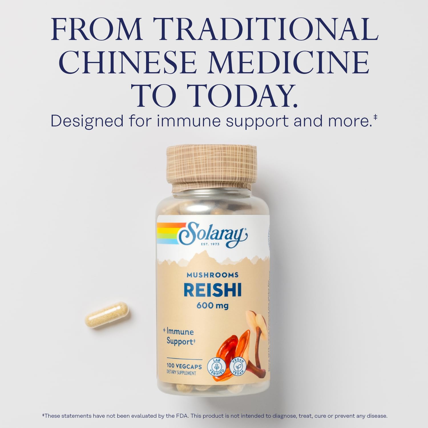 Solaray Reishi capsules inside bottle illustrating lab-verified quality