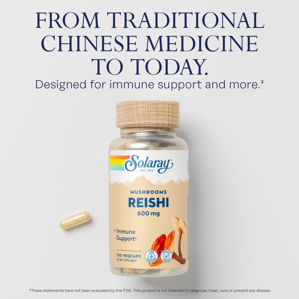 Solaray Reishi capsules inside bottle illustrating lab-verified quality