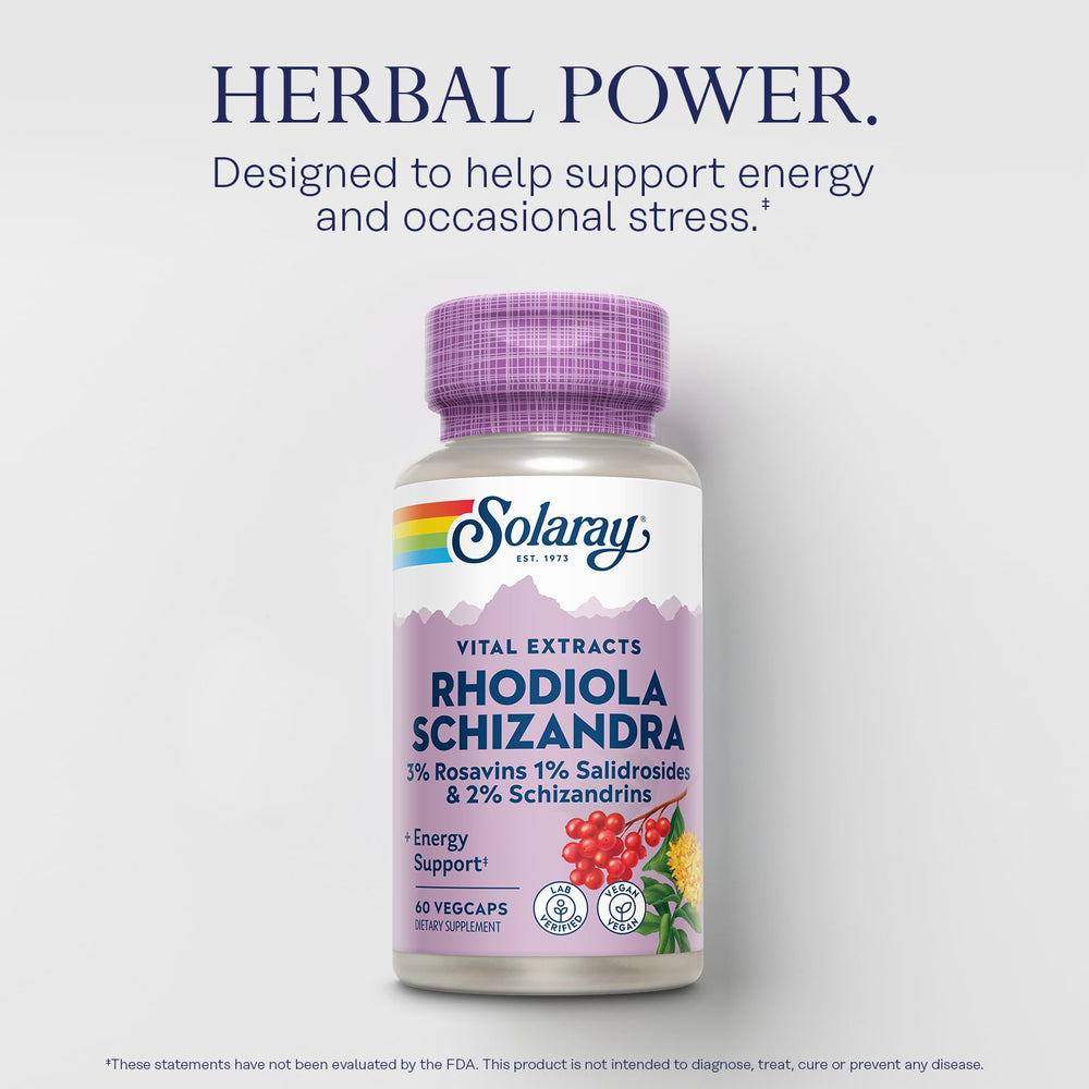 SOLARAY Rhodiola Schizandra bottle cap with nutritional details