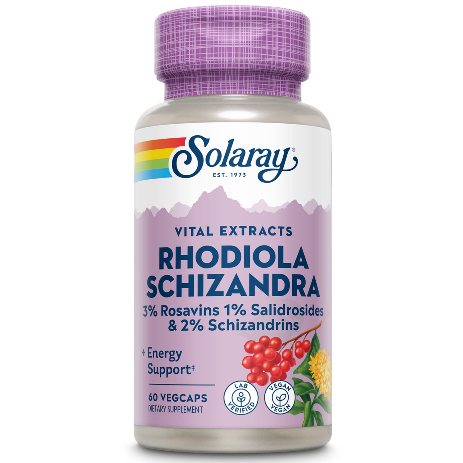 SOLARAY Rhodiola Schizandra bottle front showing a vegan energy support supplement