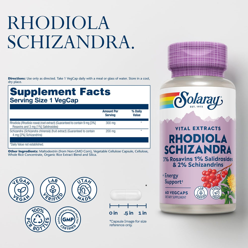 Close-up of SOLARAY Rhodiola Schizandra VegCaps emphasizes vegan formula
