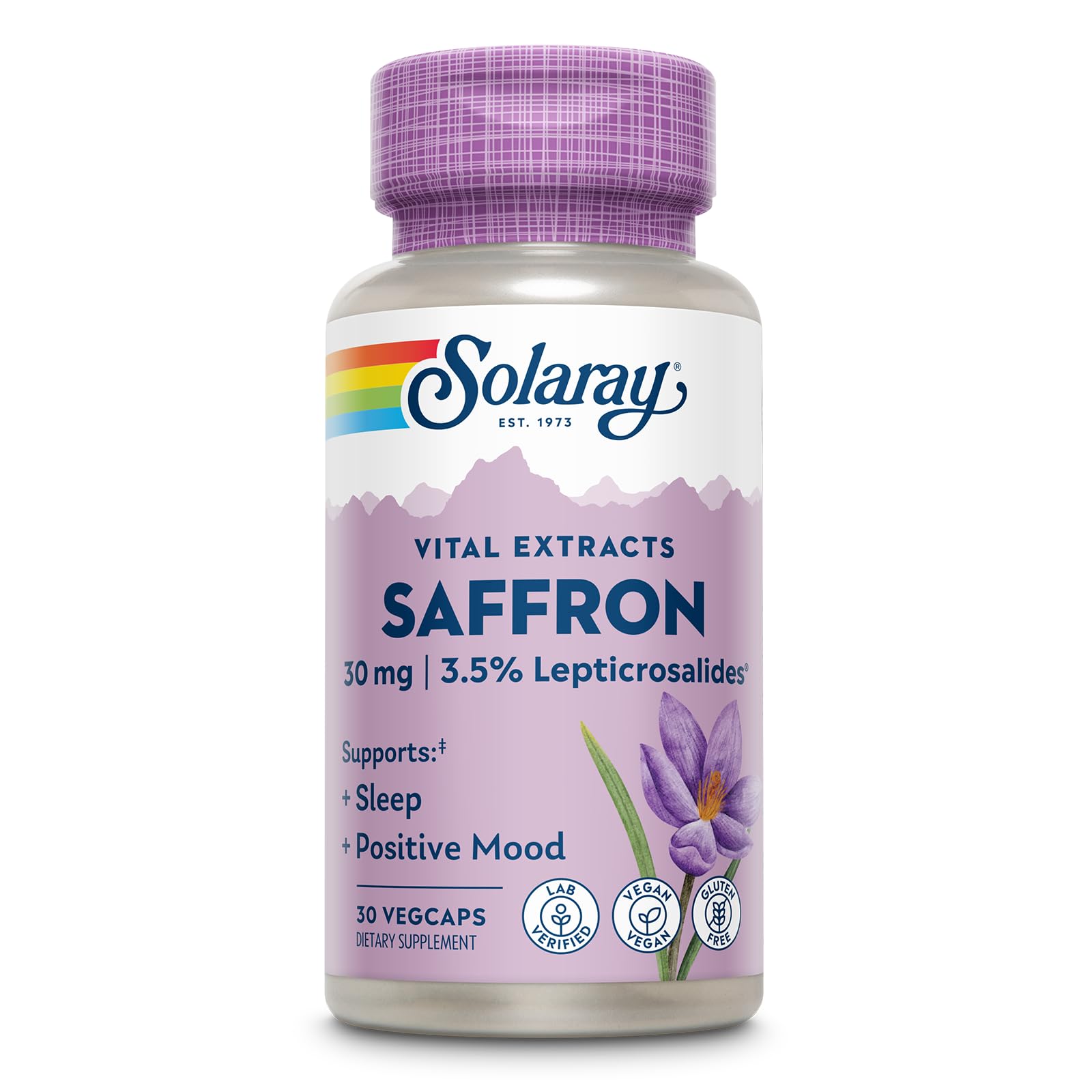 SOLARAY Saffron Extract bottle front view highlighting mood support.
