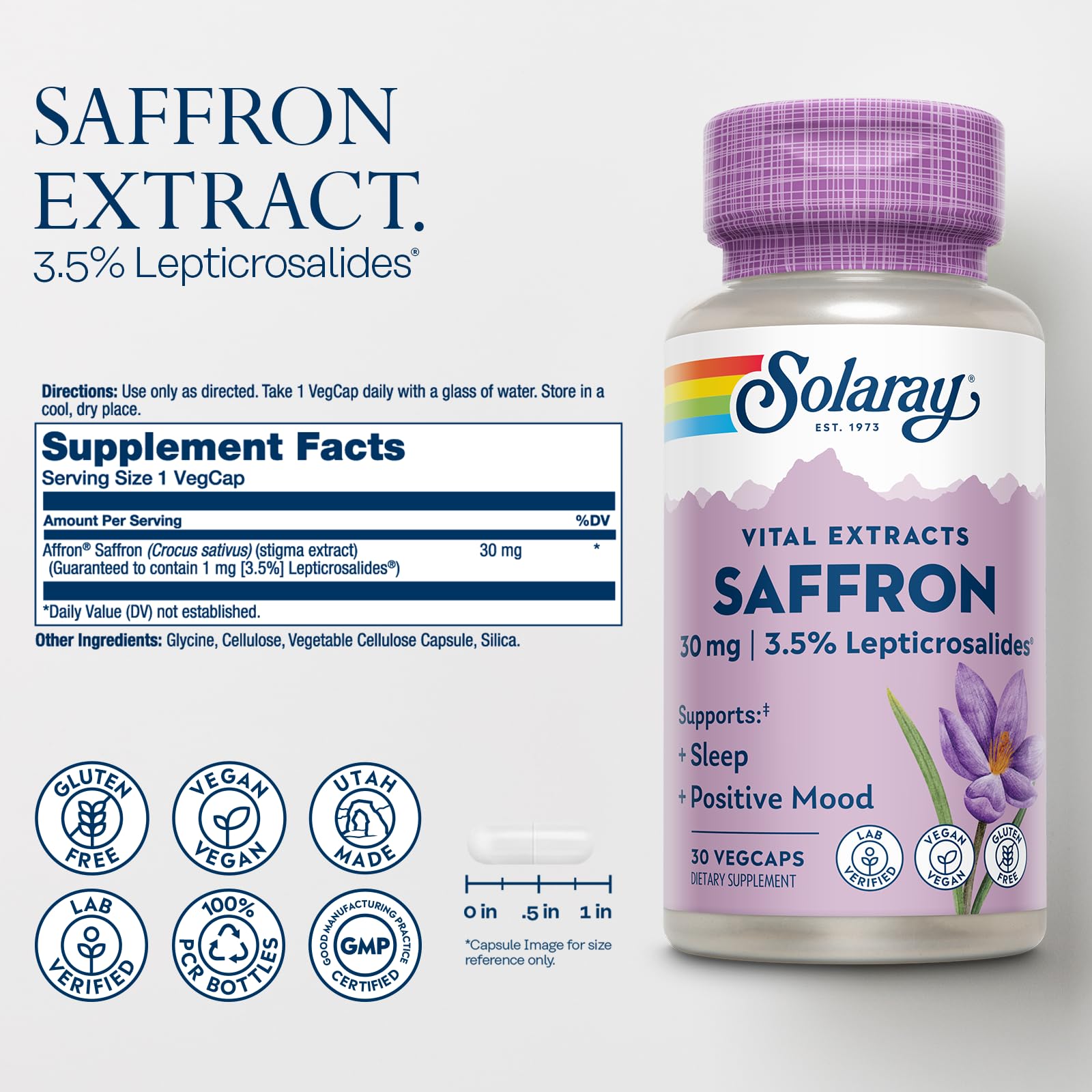 SOLARAY Saffron Extract capsules close-up for convenient vegan mood support.