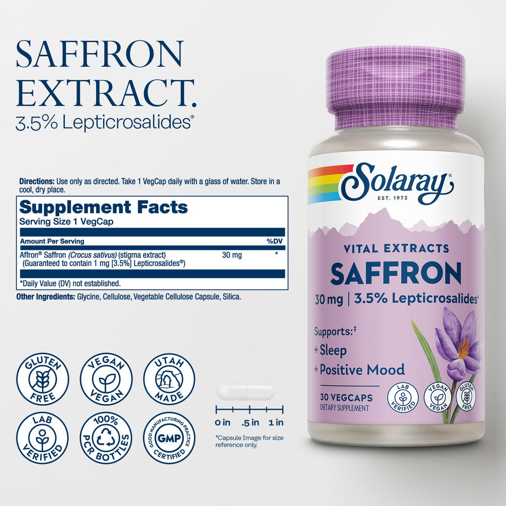 SOLARAY Saffron Extract capsules close-up for convenient vegan mood support.