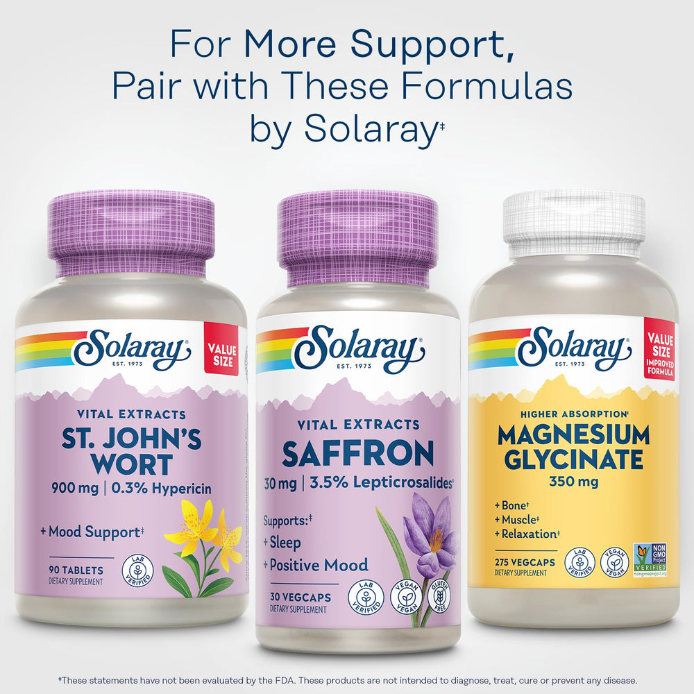 SOLARAY Saffron Extract eco-friendly bottle packaging made from recycled resin.