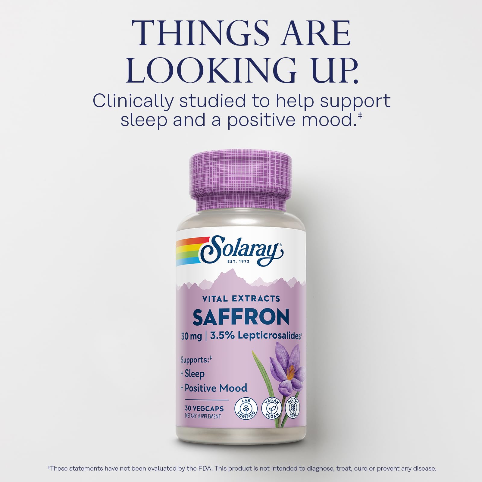 SOLARAY Saffron Extract label close-up showing gluten-free formulation.
