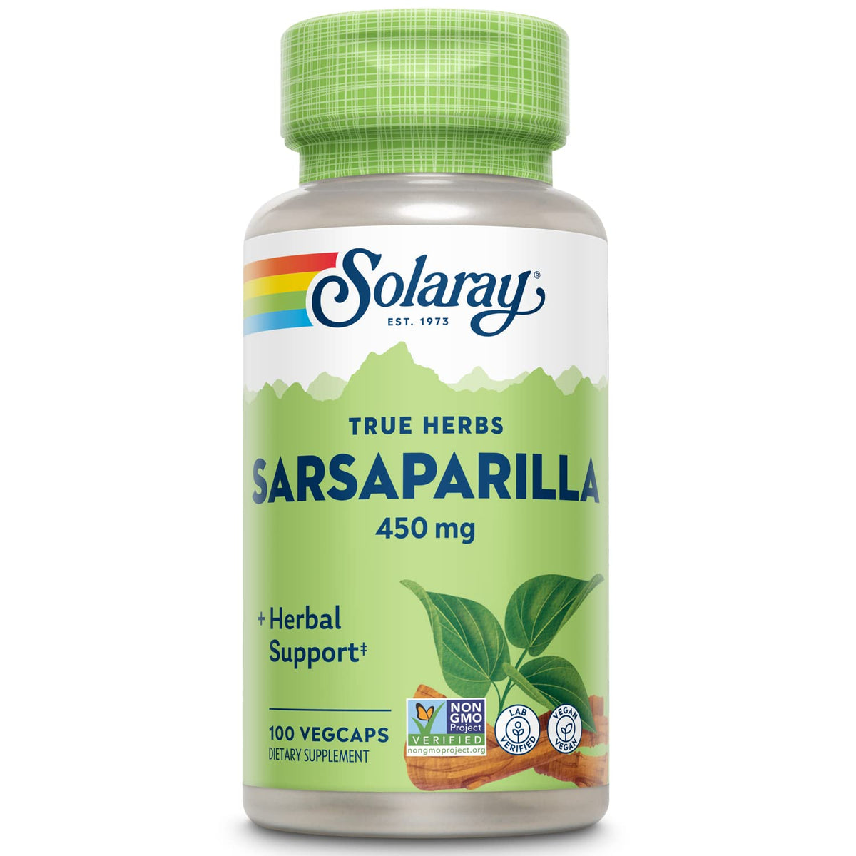 Solaray Sarsaparilla Root bottle label showing 450 mg potency for daily use