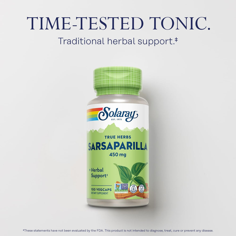 Solaray Sarsaparilla Root bottle pouring capsules into hand for routine