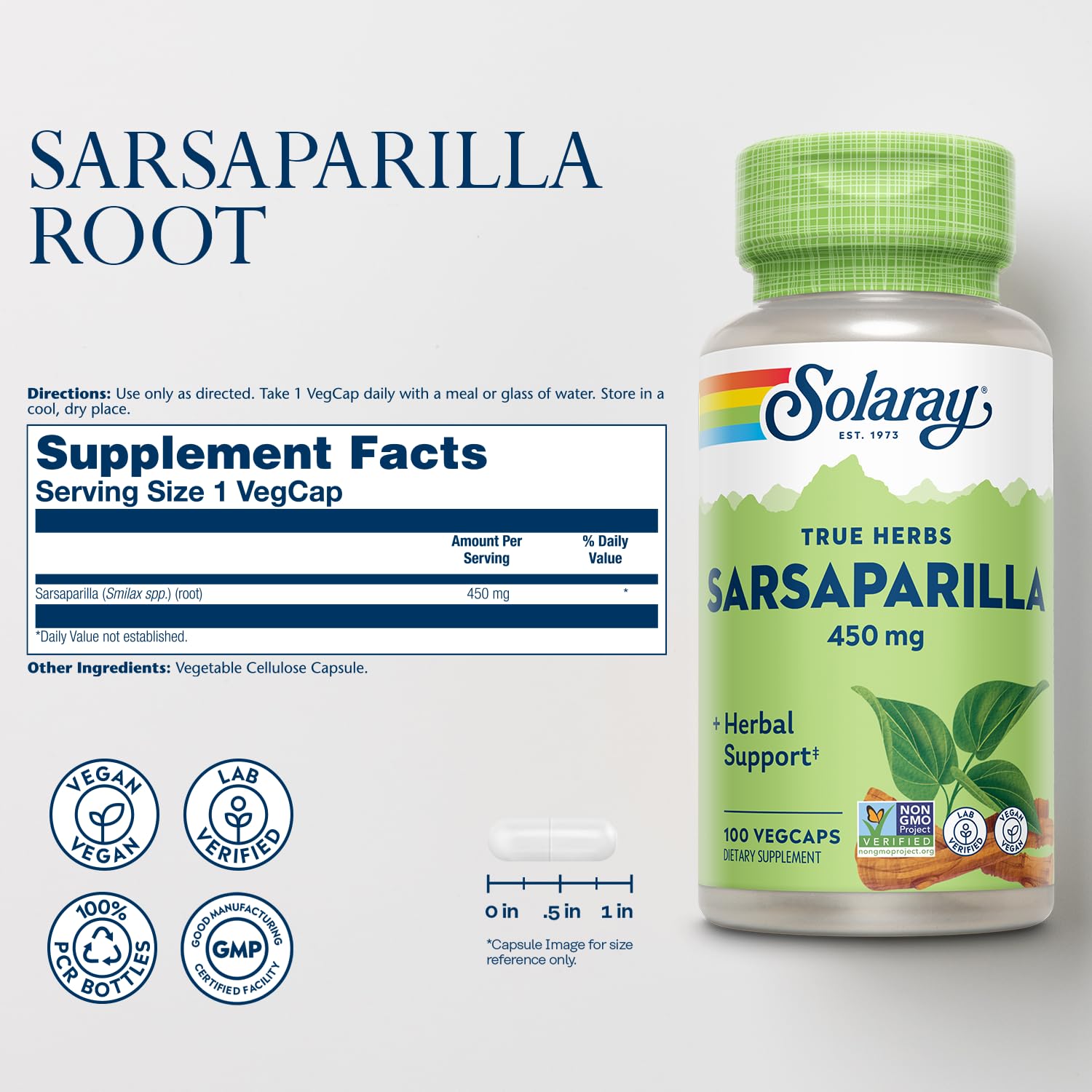 Solaray Sarsaparilla Root capsules arranged in bottle for convenient daily supplementation