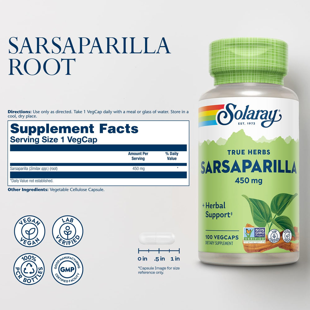 Solaray Sarsaparilla Root capsules arranged in bottle for convenient daily supplementation