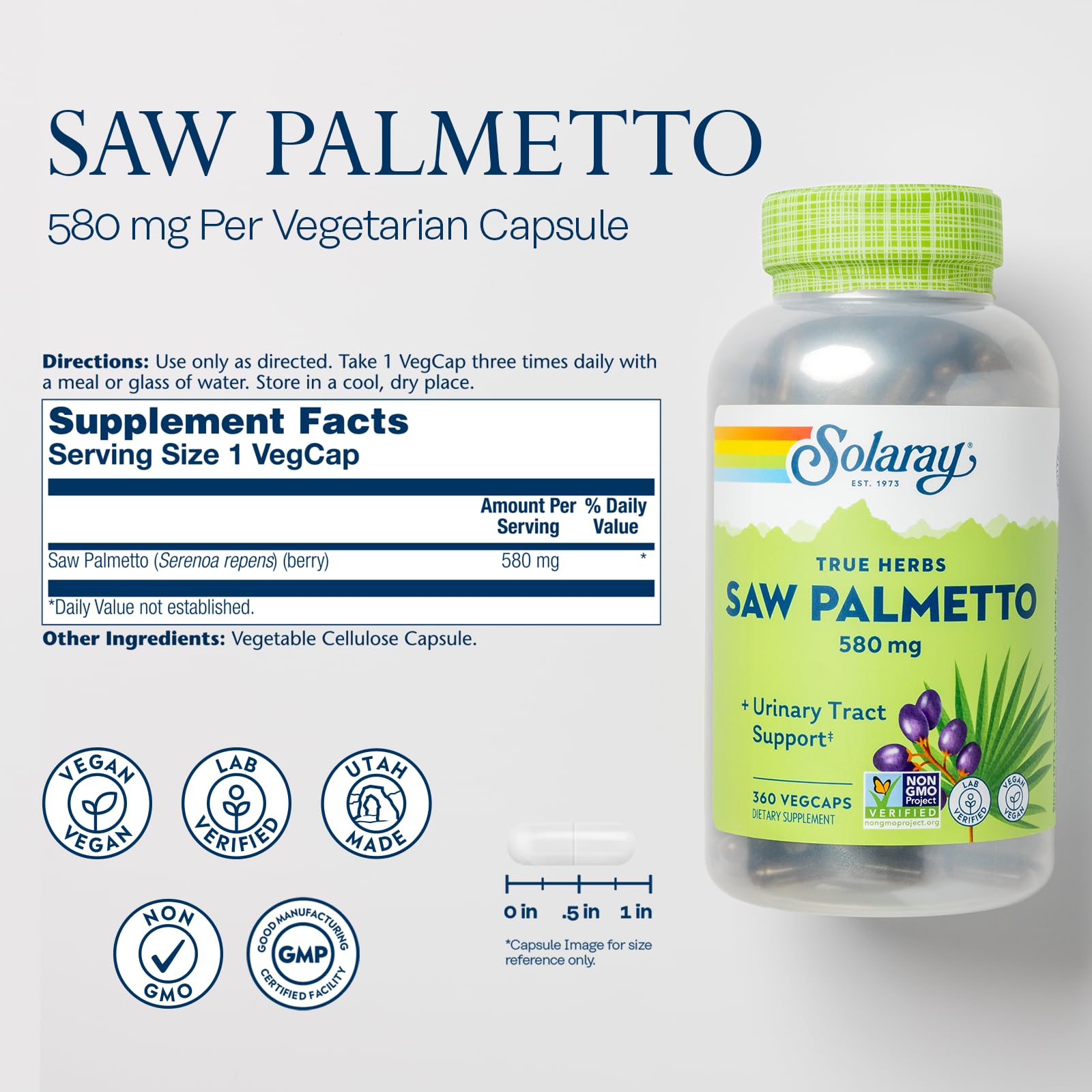 SOLARAY Saw Palmetto capsules close-up highlighting potent 580 mg per serving