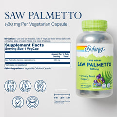 SOLARAY Saw Palmetto capsules close-up highlighting potent 580 mg per serving