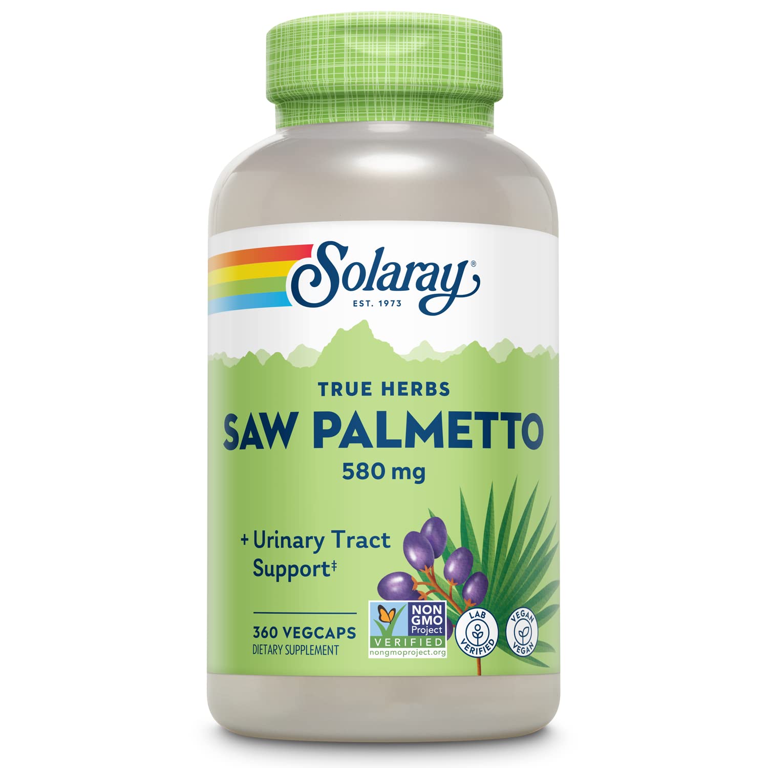 SOLARAY Saw Palmetto bottle with 580 mg formula for urinary support