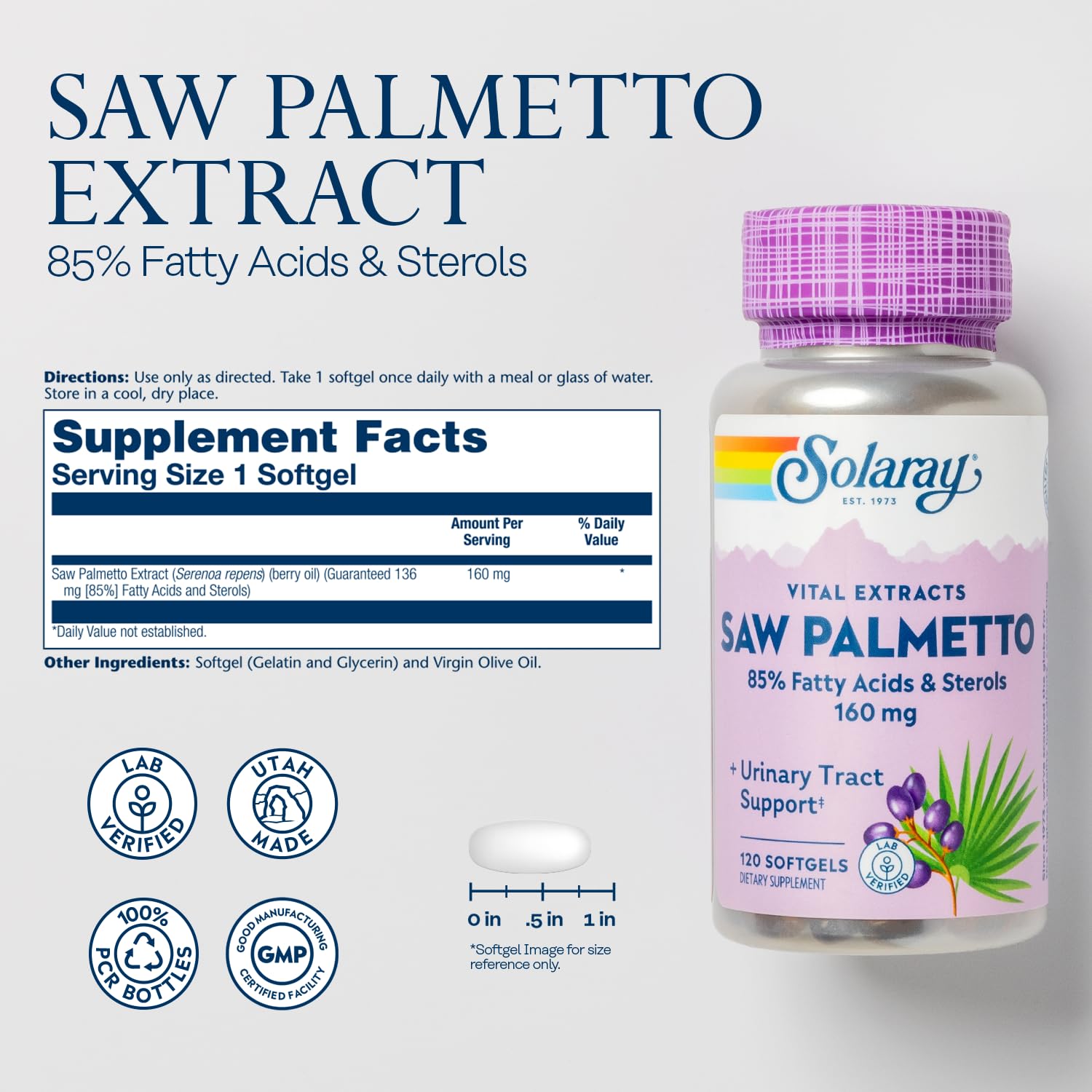 SOLARAY Saw Palmetto capsules closeup showing fatty acids for daily balance