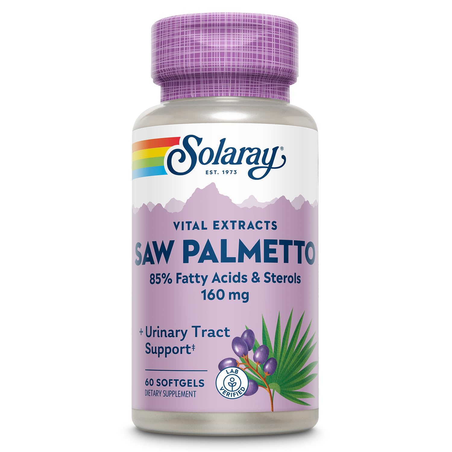 SOLARAY Saw Palmetto Extract bottle and berries supporting urinary comfort.
