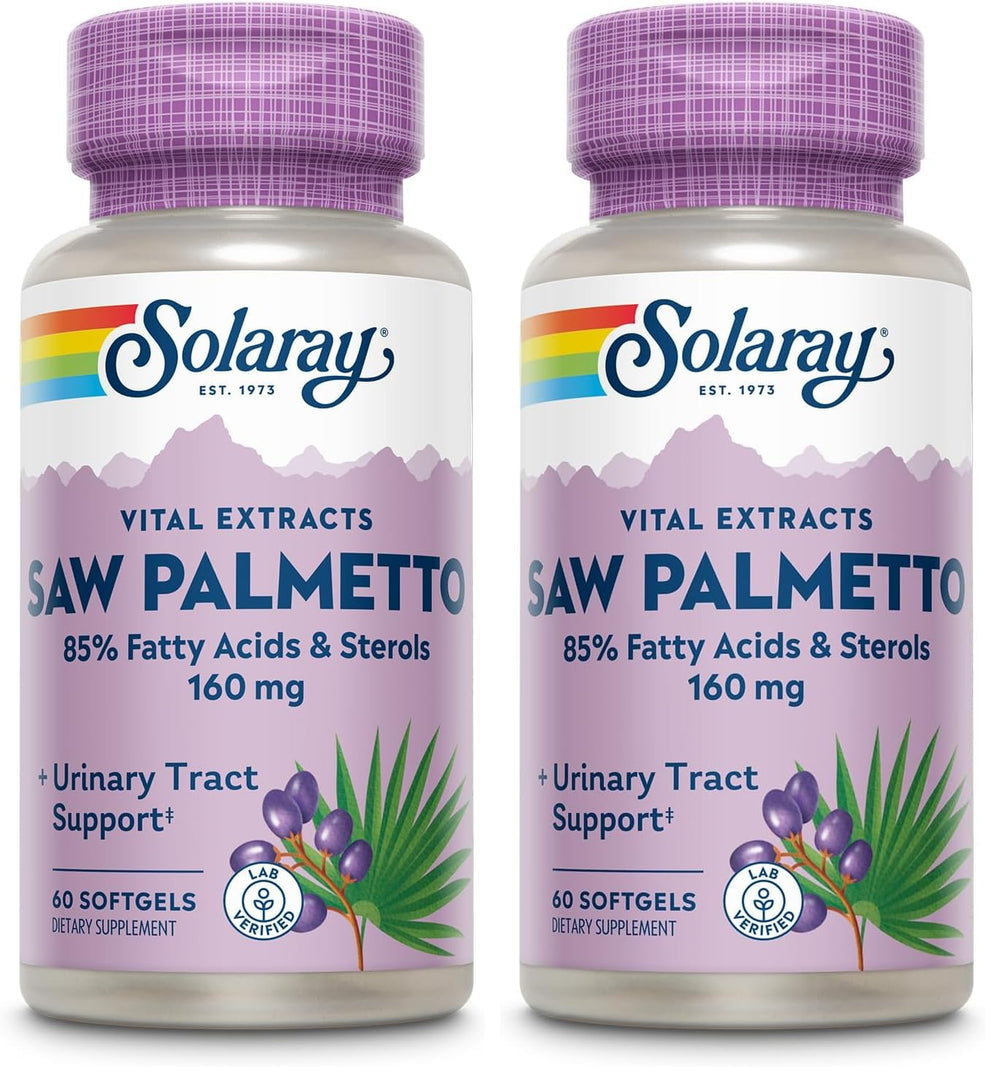 SOLARAY Saw Palmetto Extract bottle highlighting potency for daily supplementation.