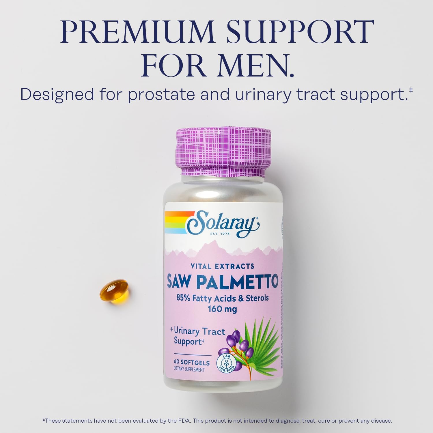 SOLARAY Saw Palmetto Extract label close-up showing standardized potency.