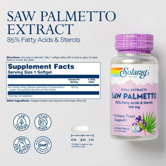 SOLARAY Saw Palmetto softgels ready for convenient daily use.