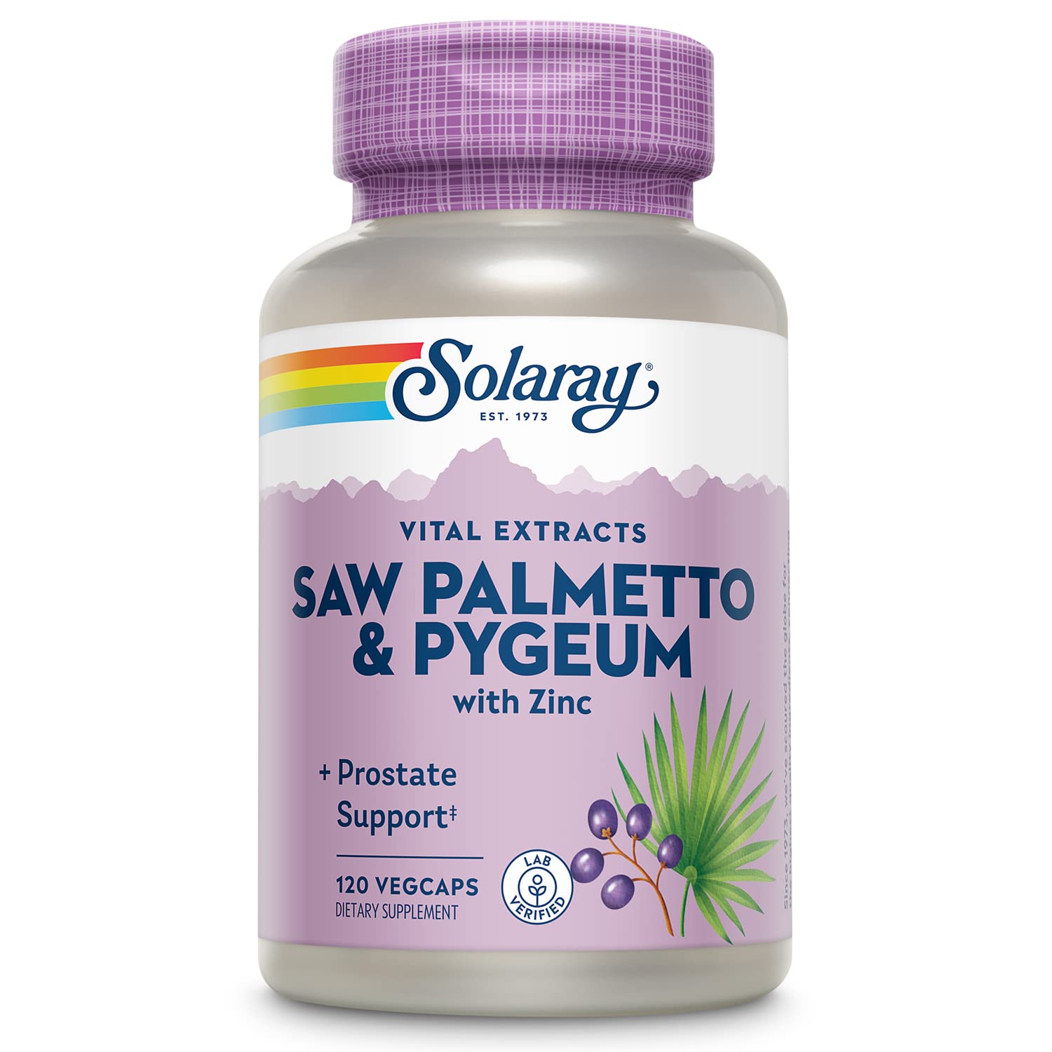SOLARAY Saw Palmetto & Pygeum bottle with capsules supports urinary comfort and prostate health.