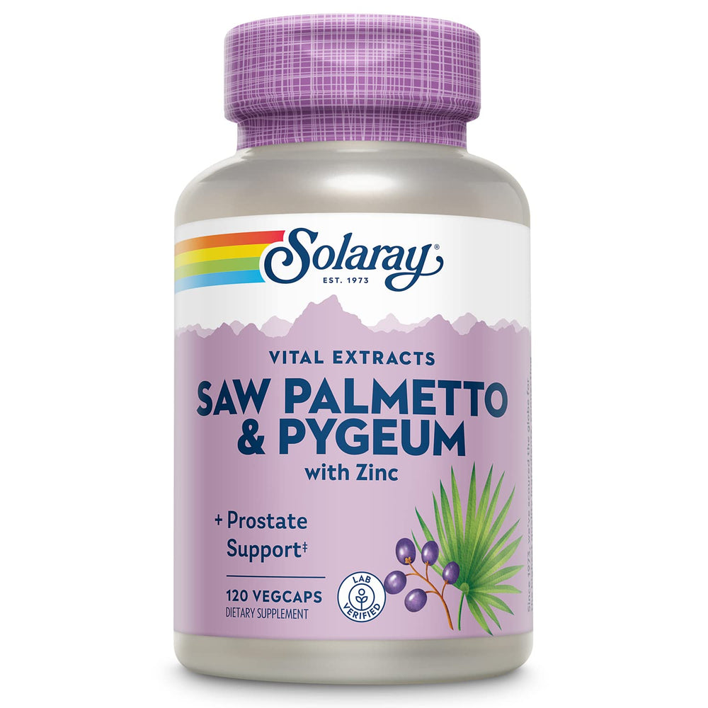 SOLARAY Saw Palmetto & Pygeum bottle with capsules supports urinary comfort and prostate health.