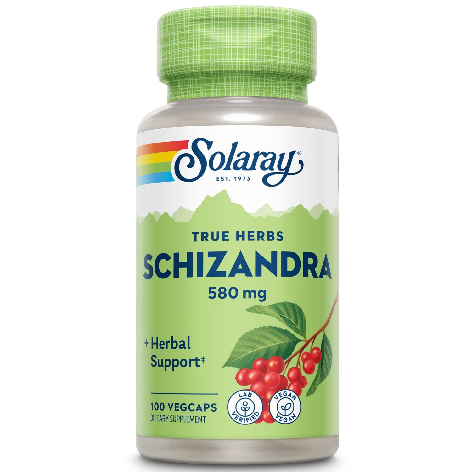 SOLARAY schizandra berry 580 mg capsules for daily wellness support.