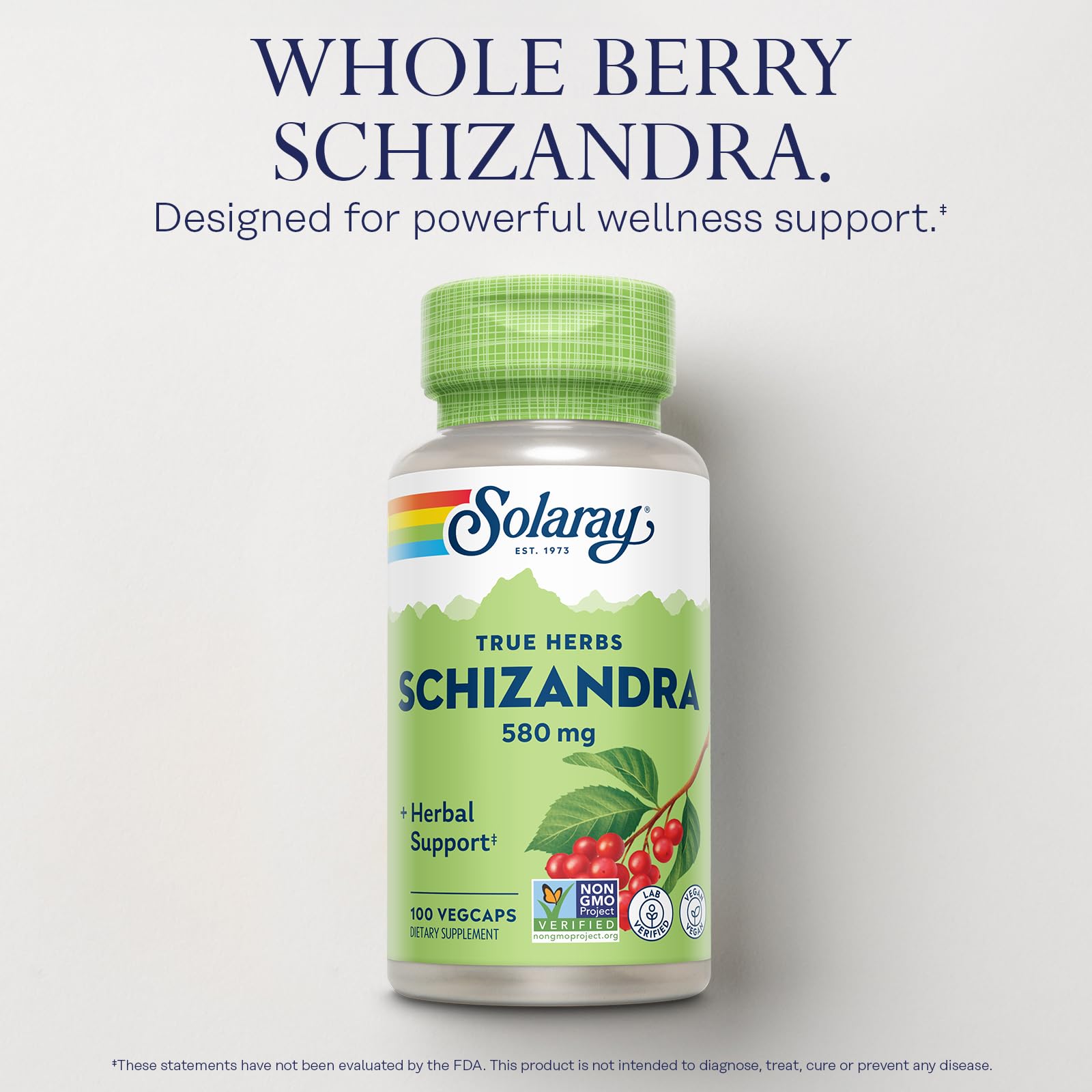 SOLARAY schizandra berry capsule label on container highlights quality ingredients.