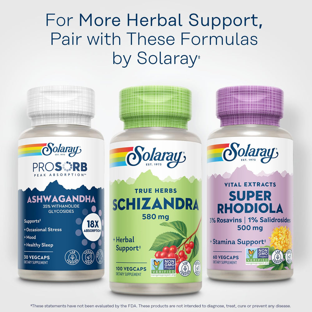 SOLARAY schizandra berry packaging display suggests ready-to-include wellness product.