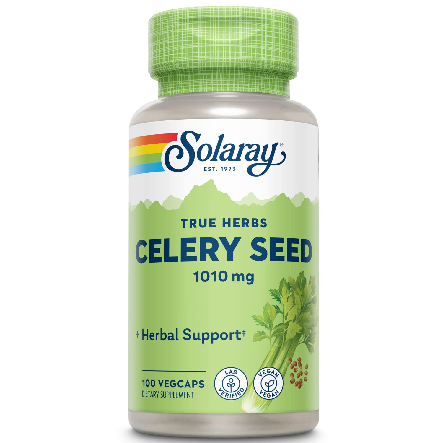 Solaray semilla de apio, botella vista frontal, posible apoyo al equilibrio diario