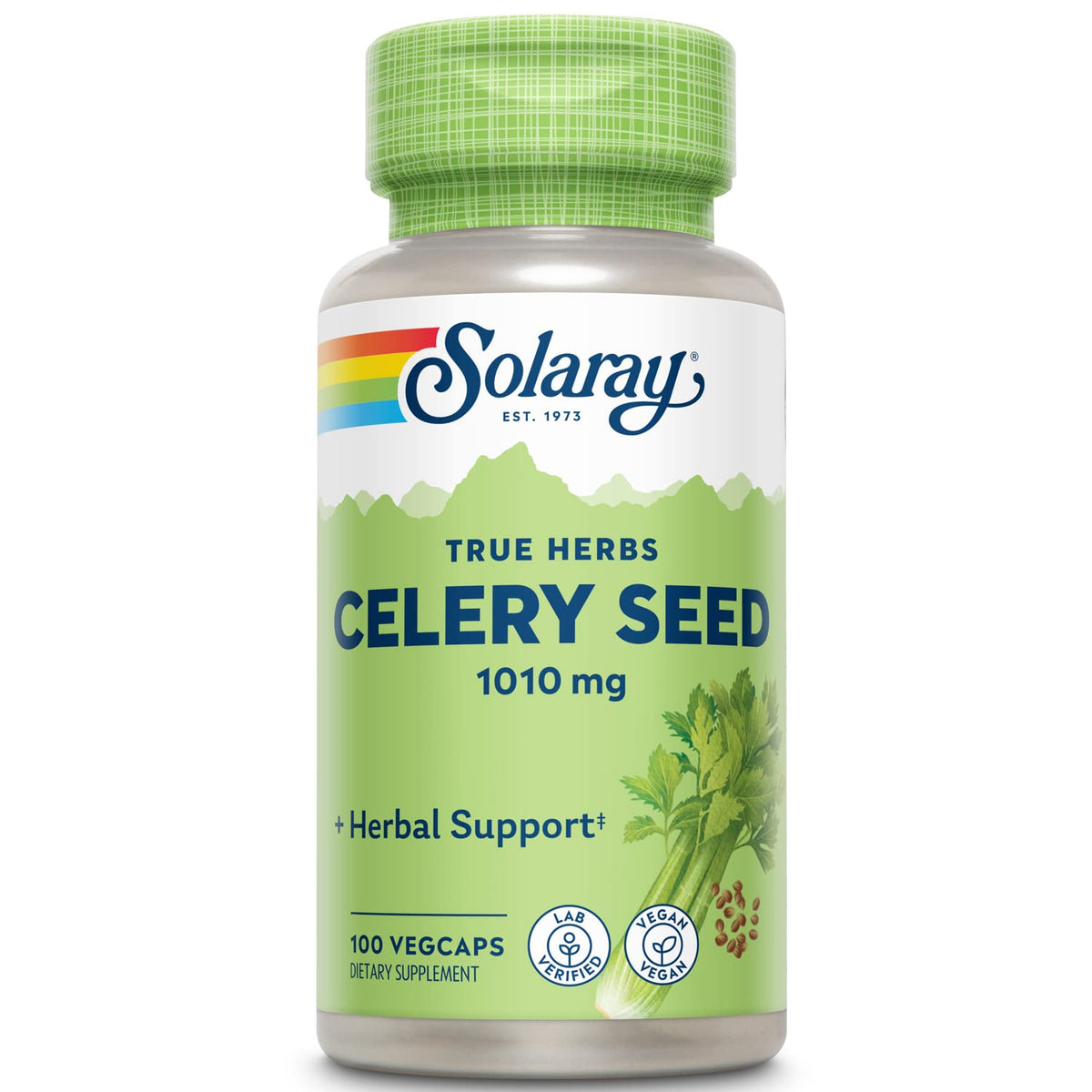 Solaray semilla de apio, botella vista frontal, posible apoyo al equilibrio diario