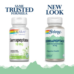 SOLARAY Serrapeptase 10 mg VCapsules close-up shows enteric coating for small intestine delivery.