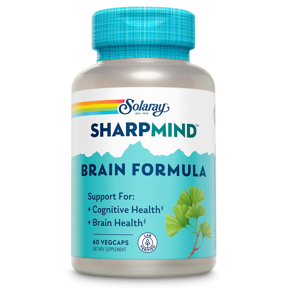 SOLARAY SharpMind bottle label shows ingredients and benefits for quick reference