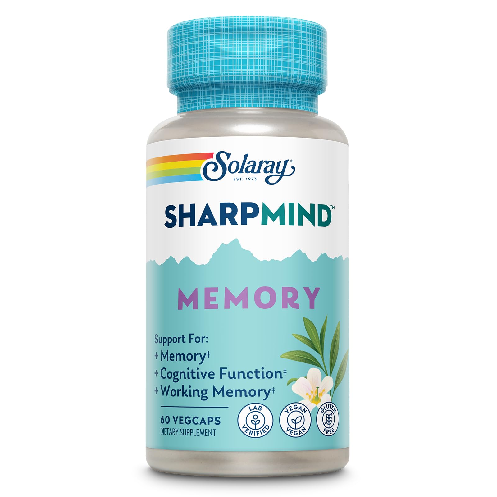 SOLARAY SharpMind bottle and label highlighting memory support for daily tasks.