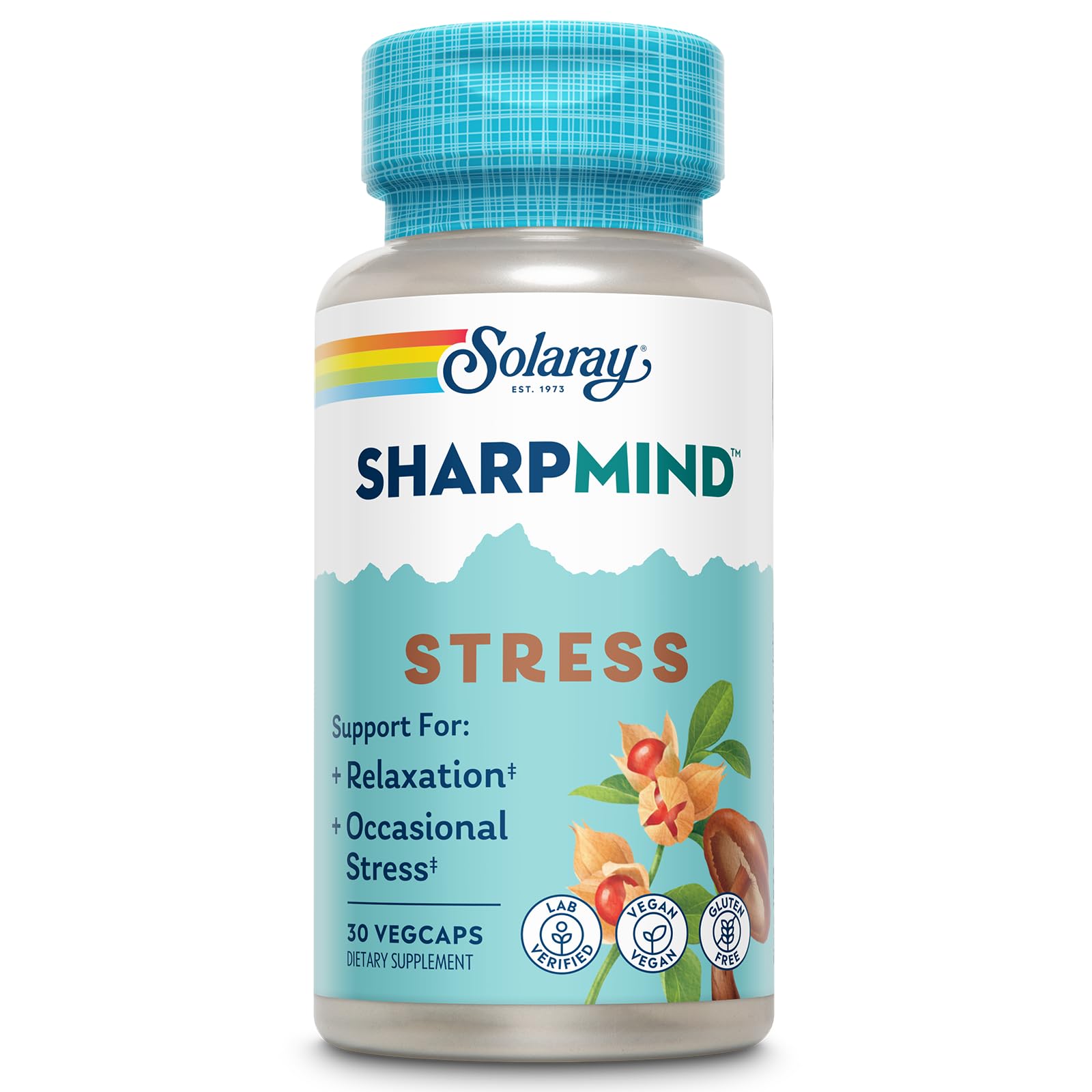 SOLARAY SharpMind bottle label highlighting mood support and relaxation.
