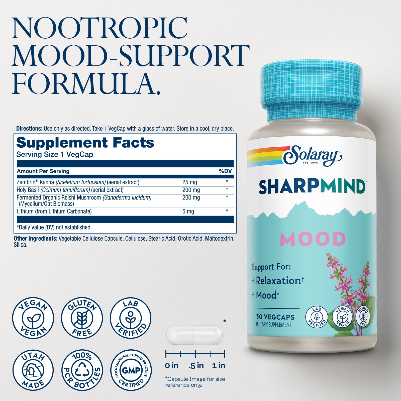 SOLARAY SharpMind capsules close-up ready for on-the-go mood support
