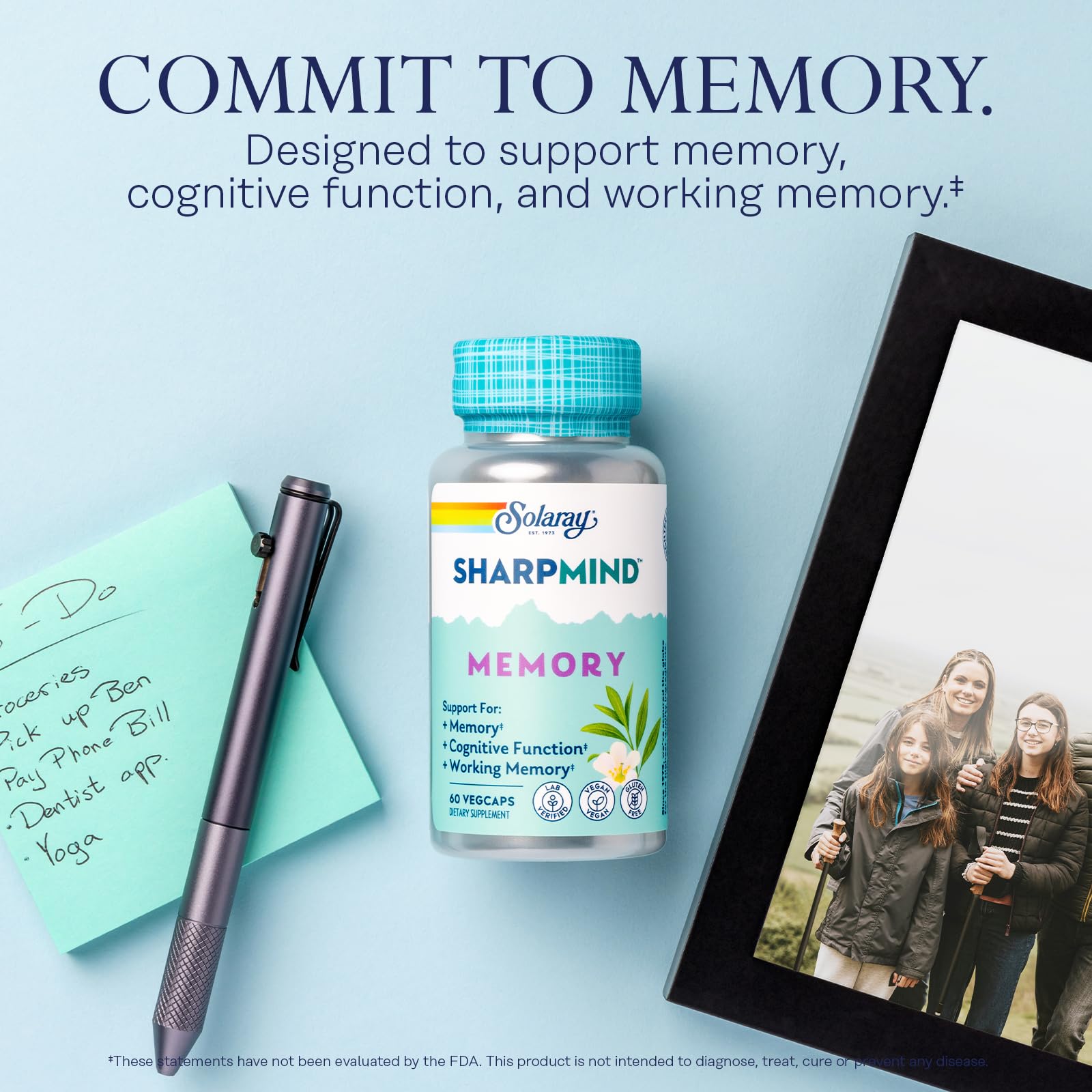 SOLARAY SharpMind Cognivia blend close-up highlighting memory support for daily tasks.