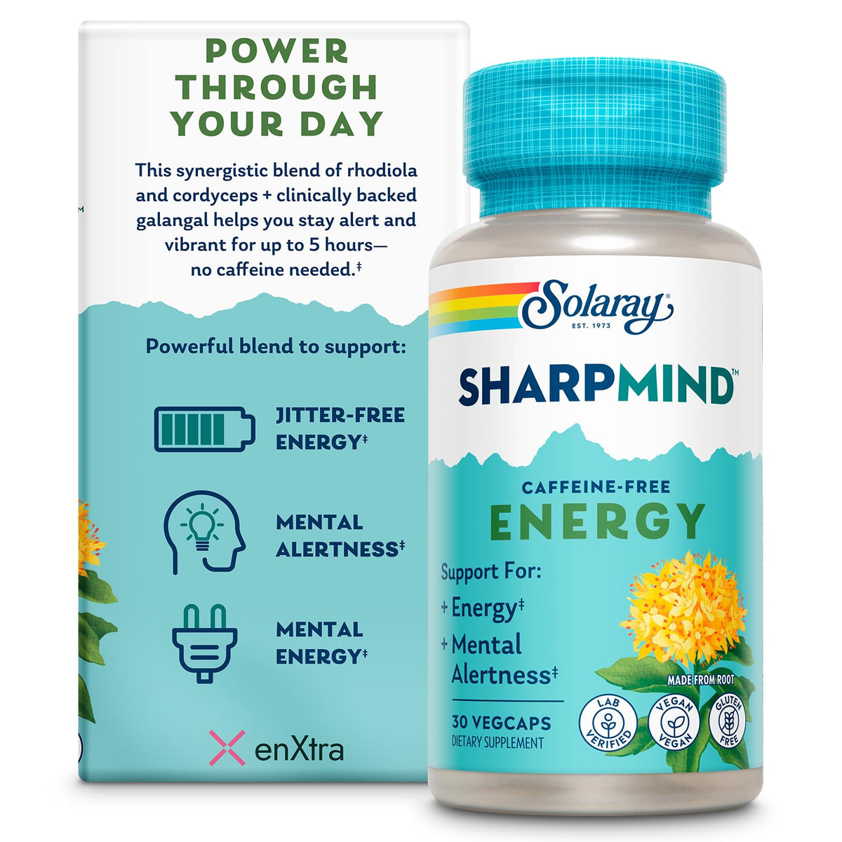 SOLARAY SharpMind Energy bottle showing caffeine-free focus support for daily use