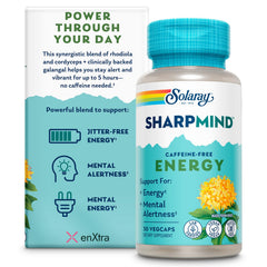 SOLARAY SharpMind Energy bottle showing caffeine-free focus support for daily use
