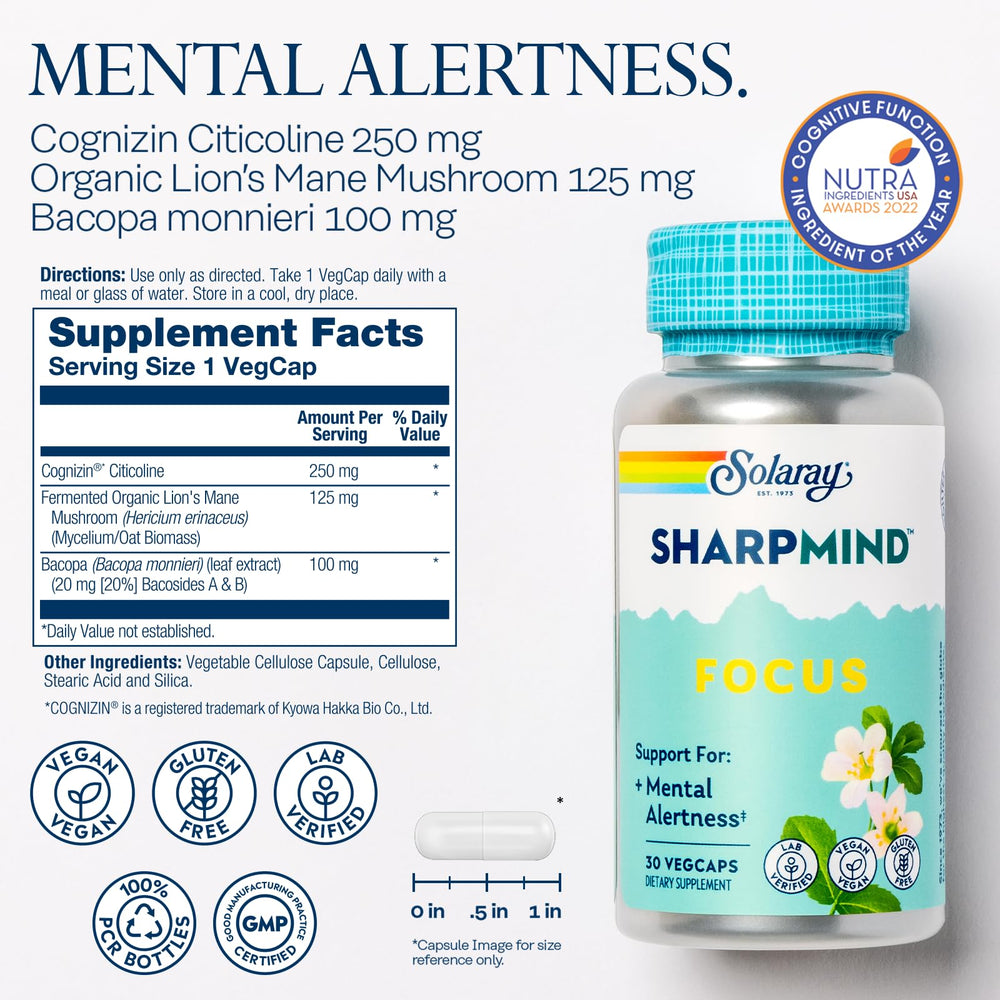 SOLARAY SharpMind Focus bottle on white surface suggests daily use.