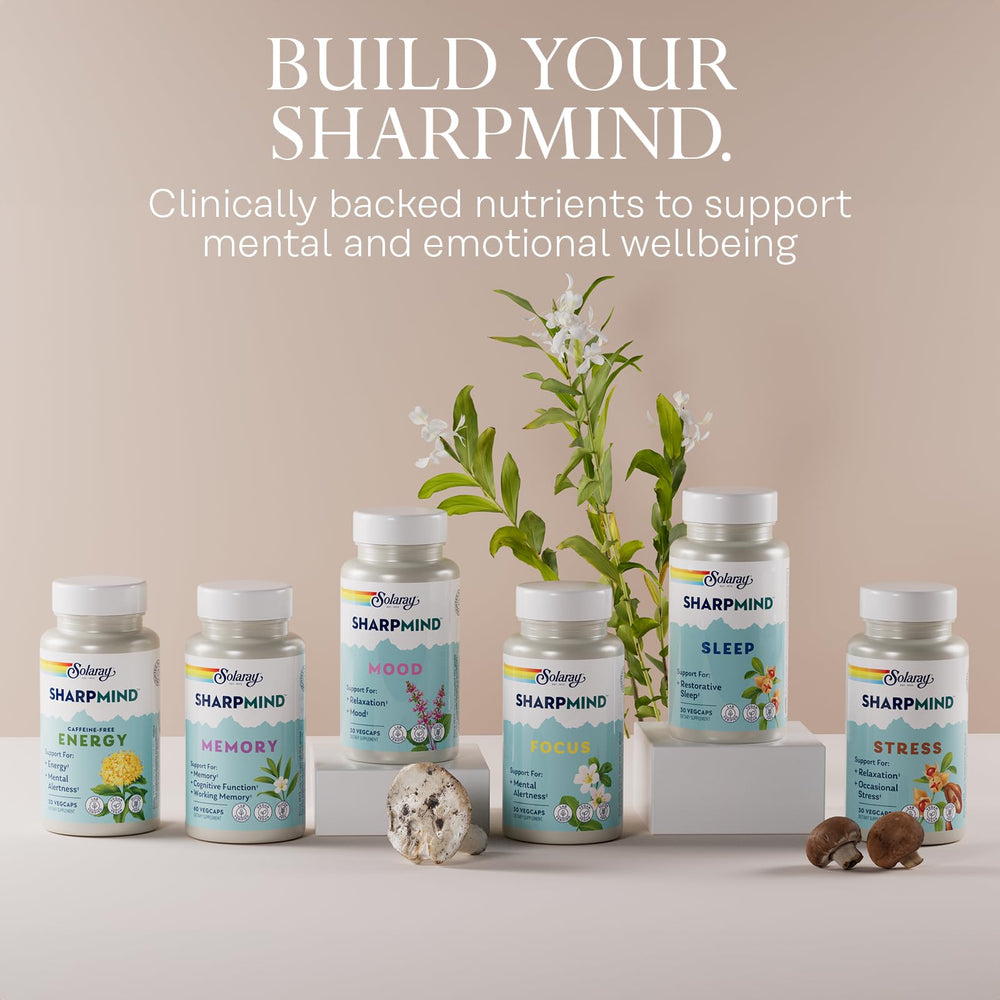 SOLARAY SharpMind Focus packaging and 30 vegetarian capsules arranged clearly.
