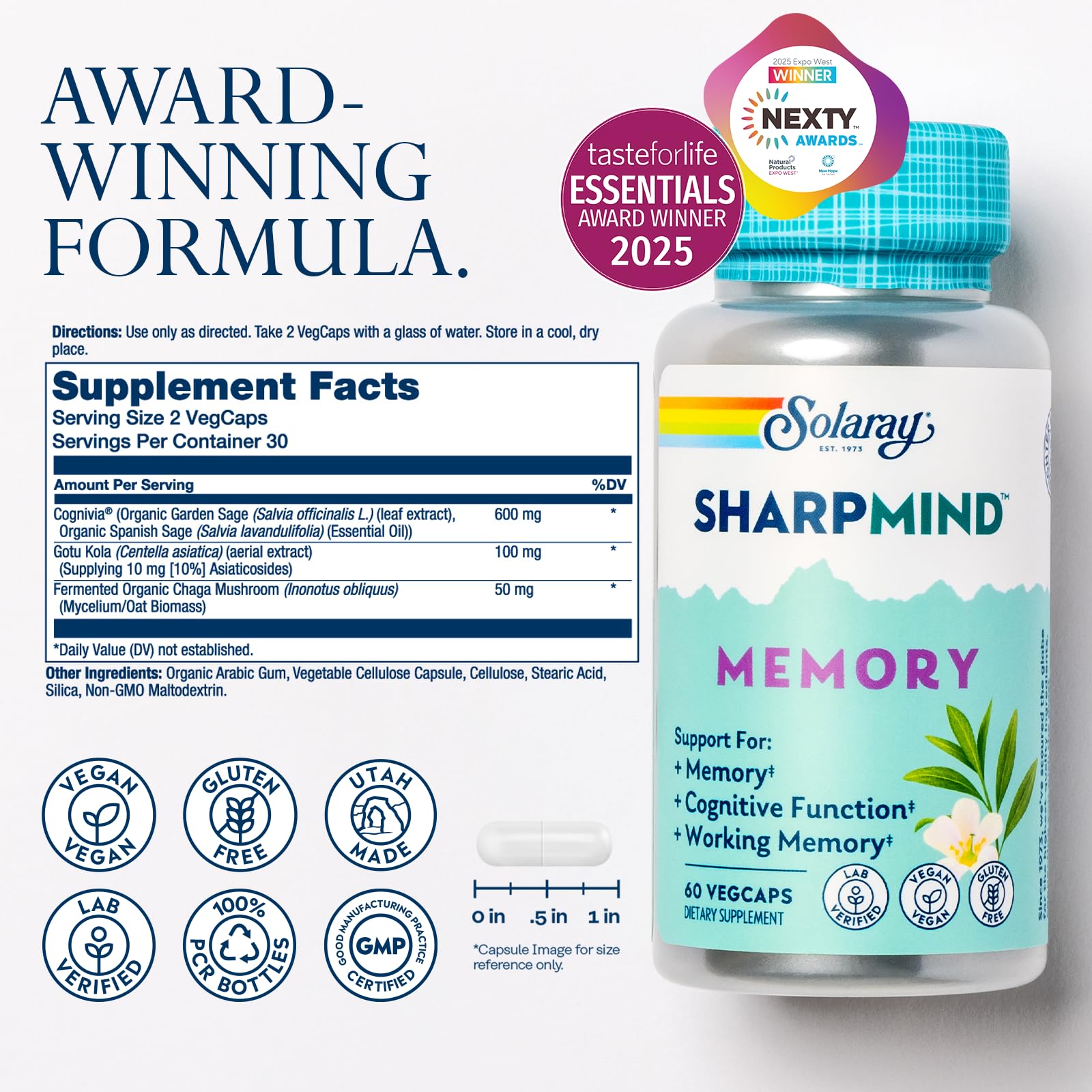 SOLARAY SharpMind vegan capsules are easy to swallow for focused mornings.